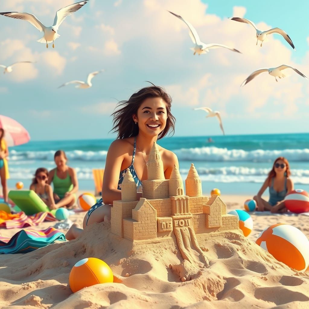 Friends Build Futuristic Sandcastle on Sunny Beach