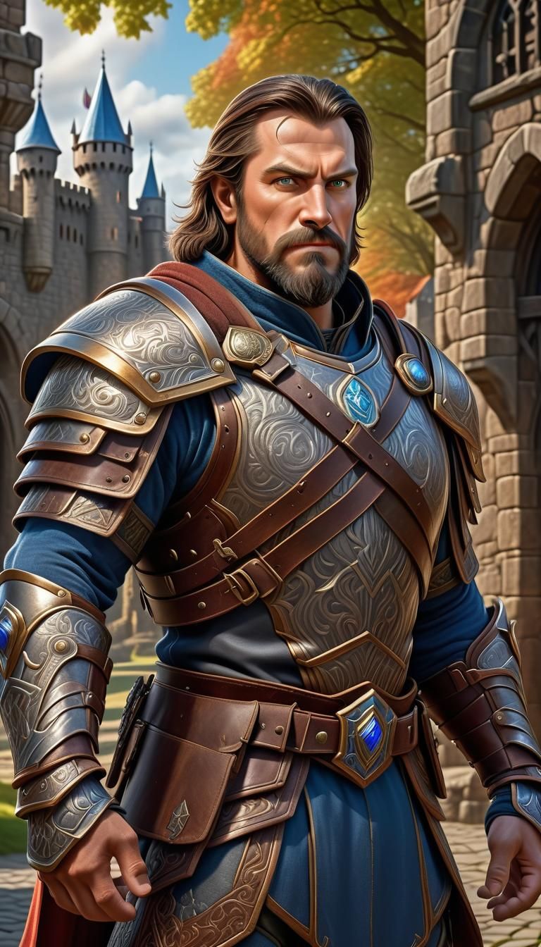 Armored Warrior in Warcraft Style with Castle Backdrop