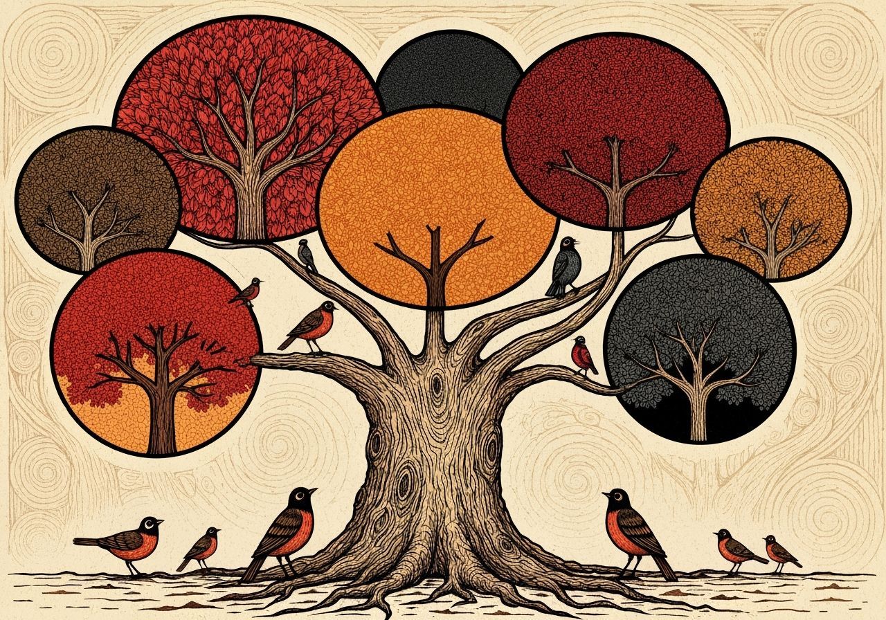Autumnal Tree with Birds in Woodcut Style