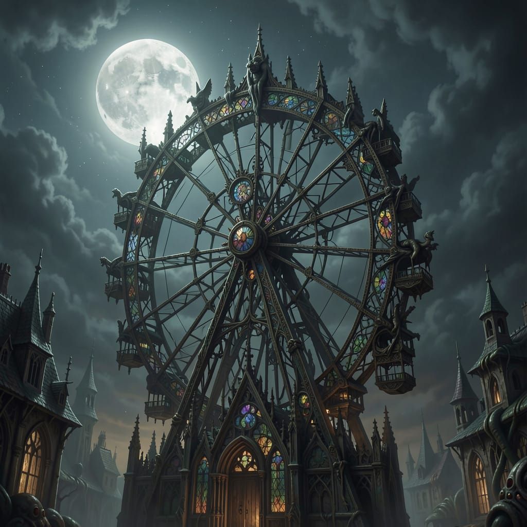 Gothic Ferris Wheel Under Full Moon
