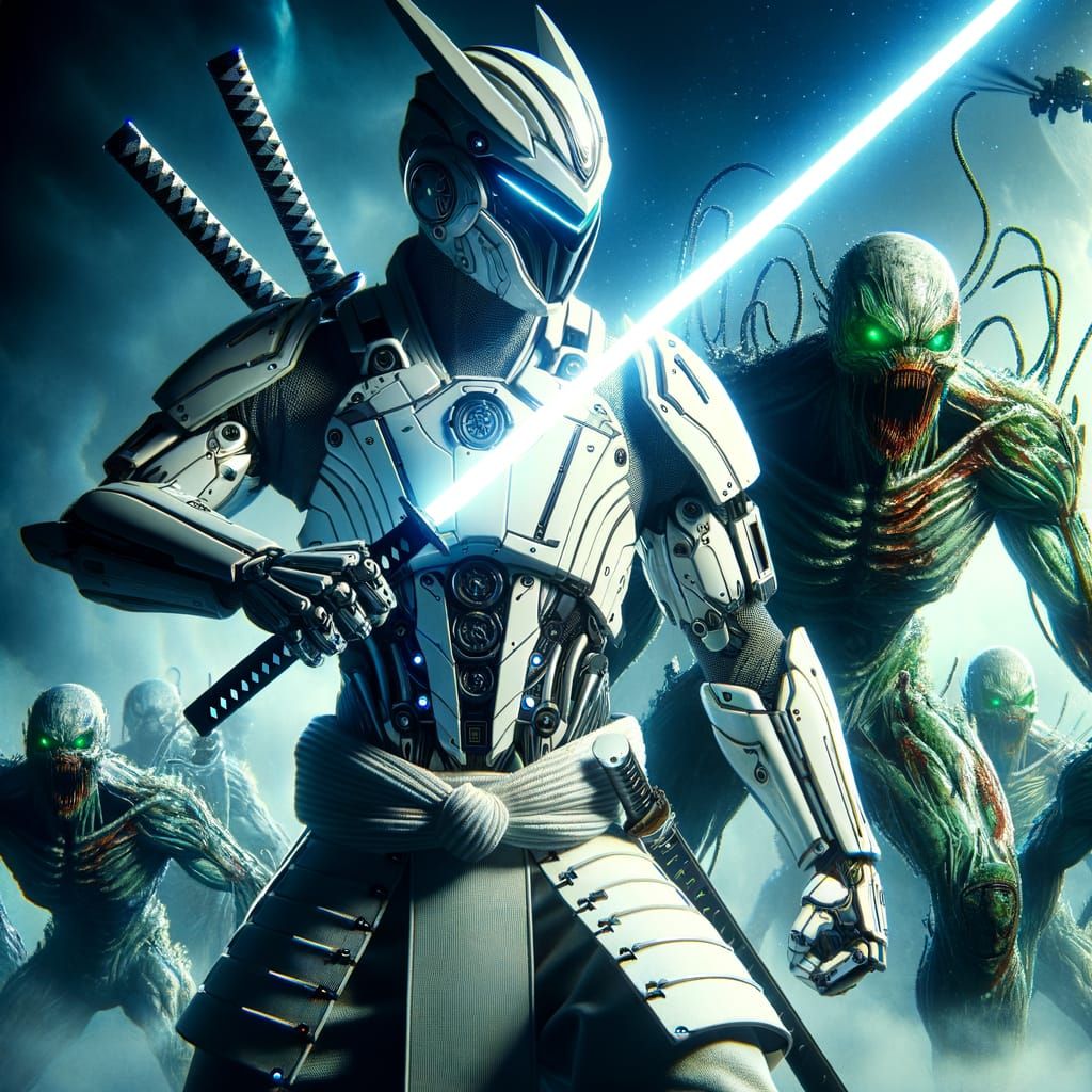 Cybernetic Samurai Battles Alien Horde in Futuristic Showdow...