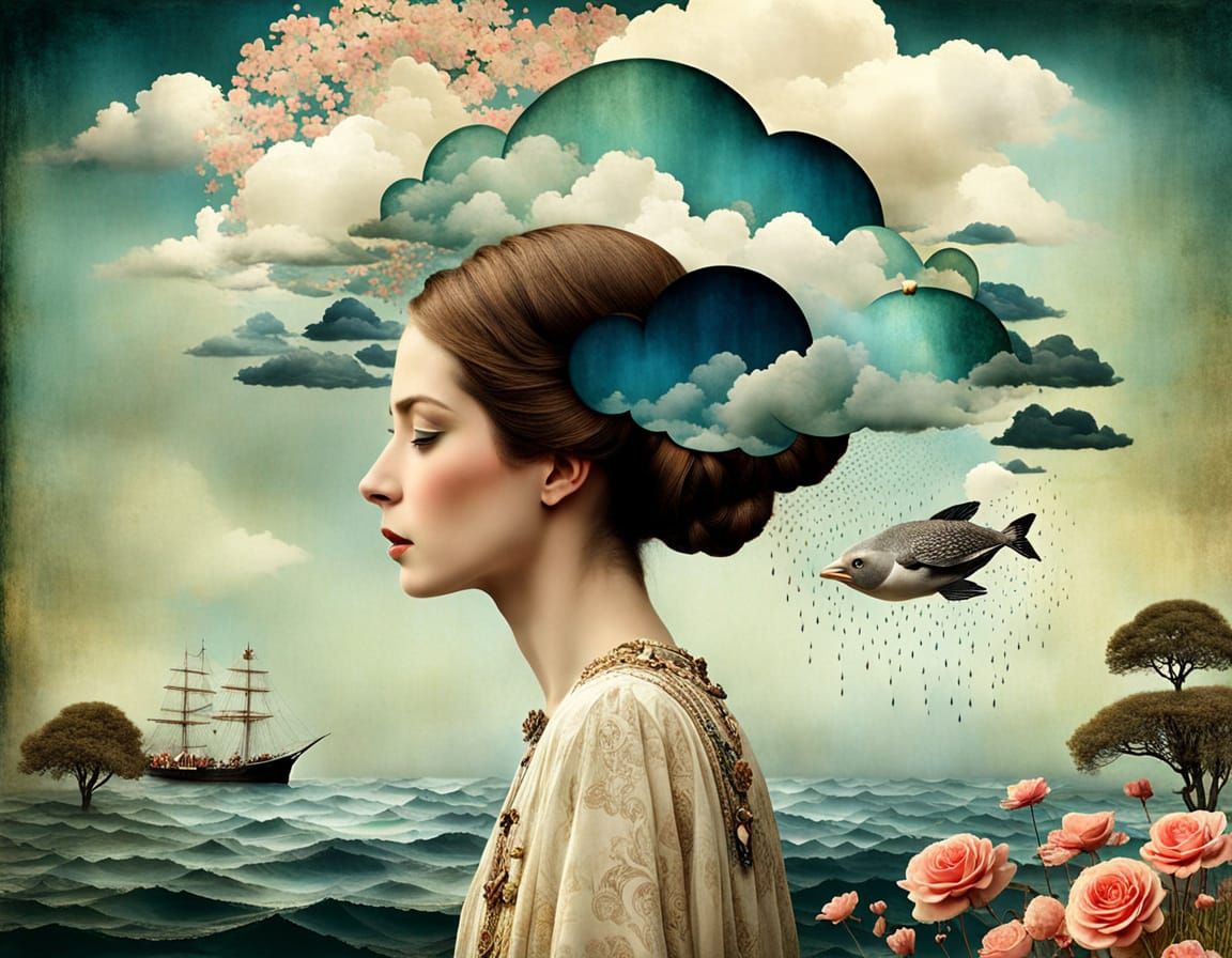 Surrealistic English Garden Scene with Half Woman and Sea