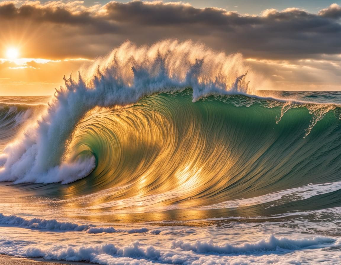 Giant Ocean Wave at Golden Hour: HDR Panorama
