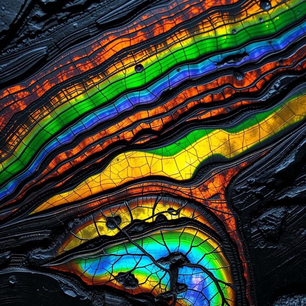 Iridescent Ammolite Relief Carving with Color Aberrations