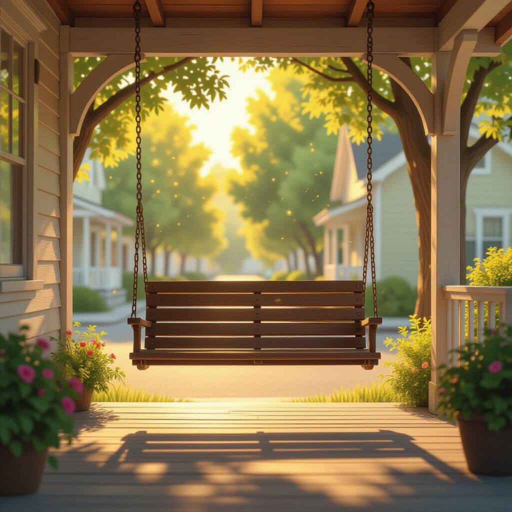 Golden Afternoon Porch Swing in Ghibli Style