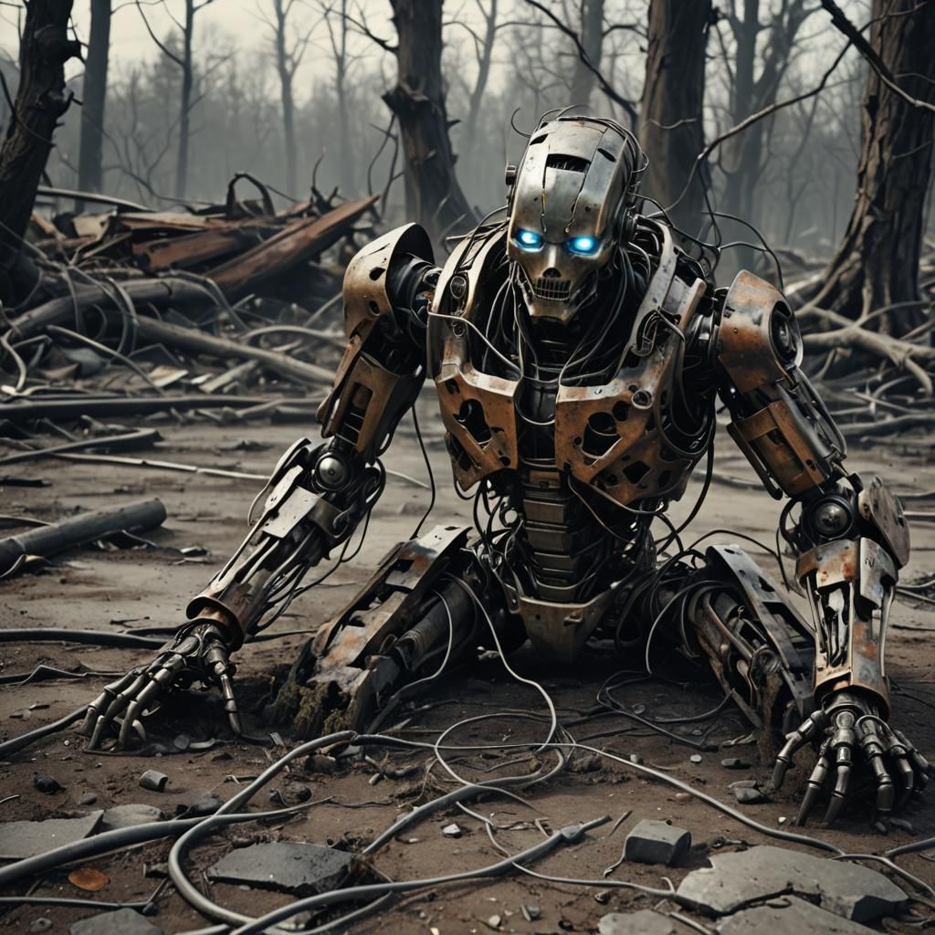 Post-Apocalyptic Robot Crawls Through Wasteland: Digital Art
