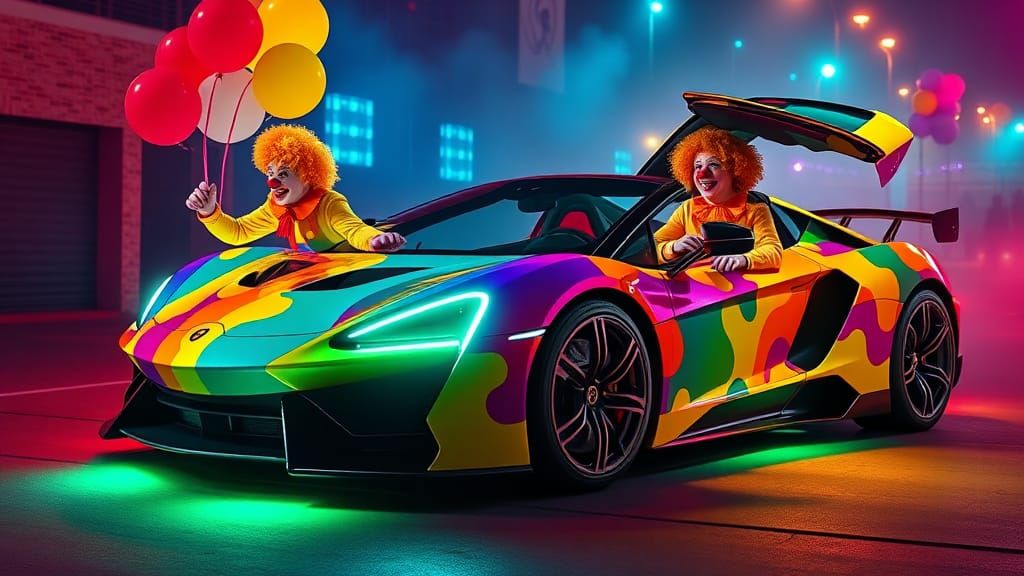Colorful Clown Car Exiting, Digital Airbrush Art