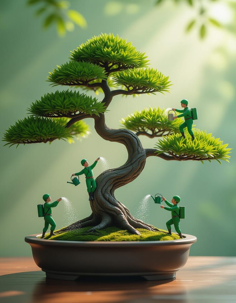 Tiny Nano-Men Emerge From Realistic Bonsai Tree