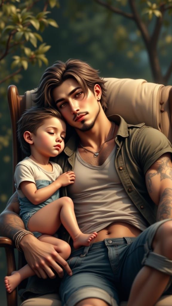 Young Man Cradling Daughter: Detailed Matte Painting