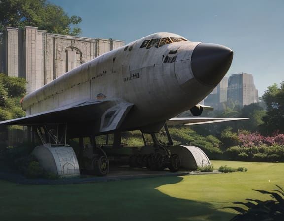 Retrofuturistic Space Shuttle Garden Display in Cyberpunk St...