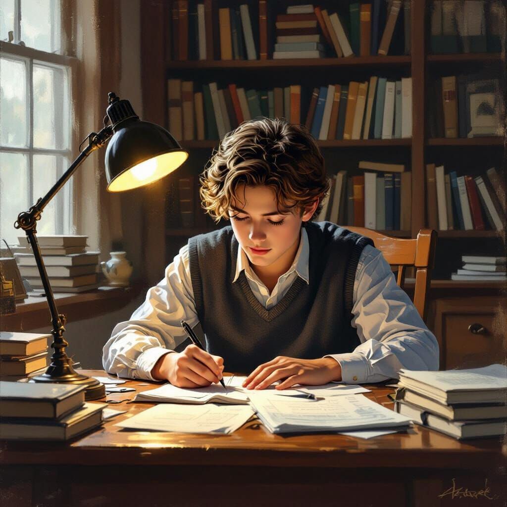 Student Doing Homework by Warm Desk Lamp