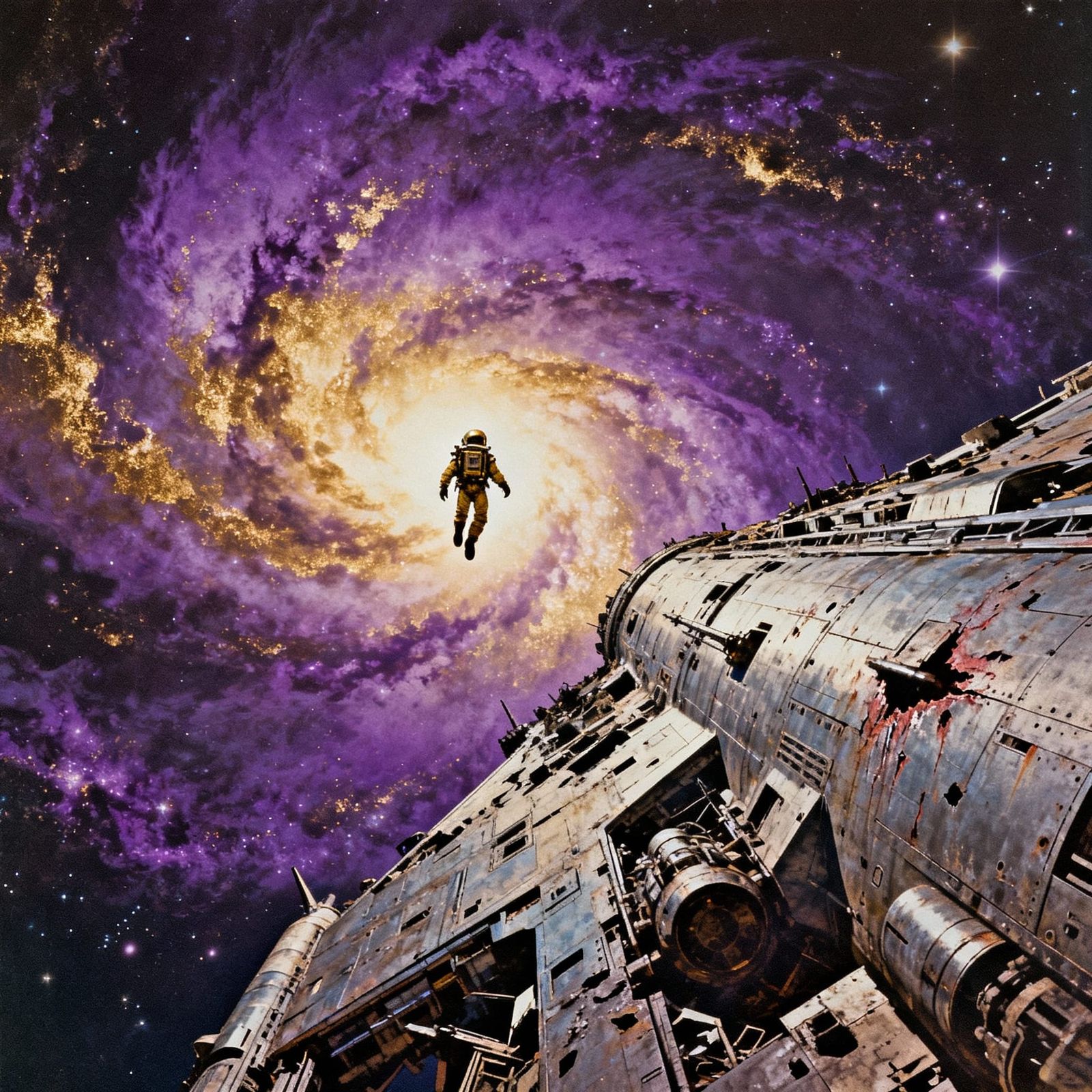 Dieselpunk Astronaut Amidst Giant Spaceship Wreckage