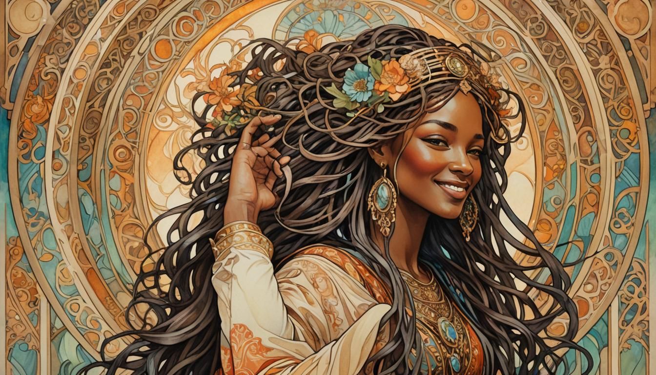 Smiling Woman with Locs in Art Nouveau Architecture