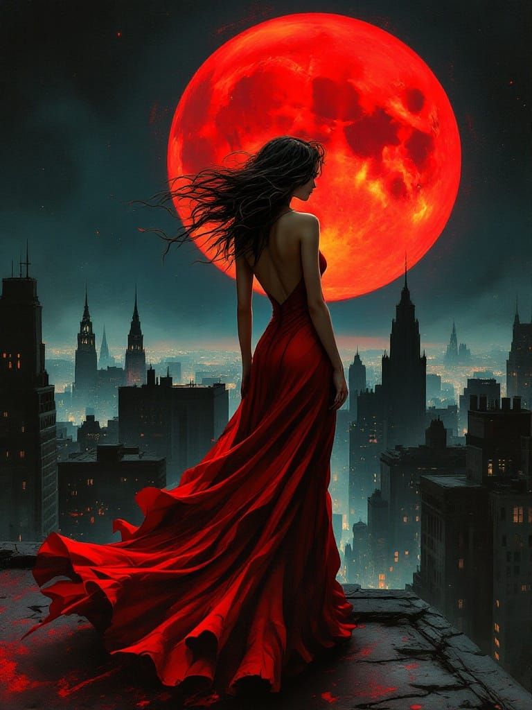 Noir Goddess Under Red Moonlight
