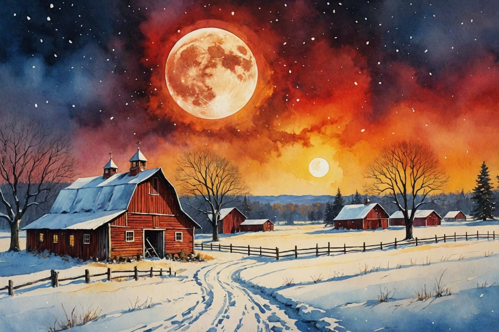 Snow Blizzard Under Full Moon: Oil and Watercolor Illustrati...