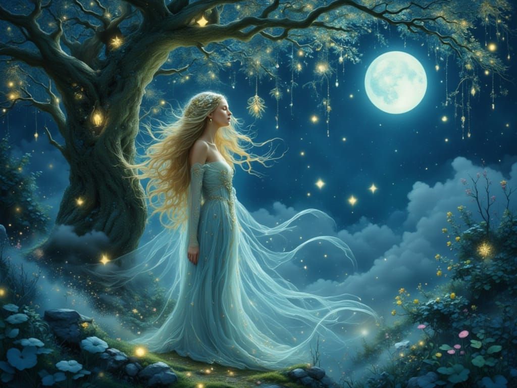 Ethereal Tree Nymph Under Luminous Moon