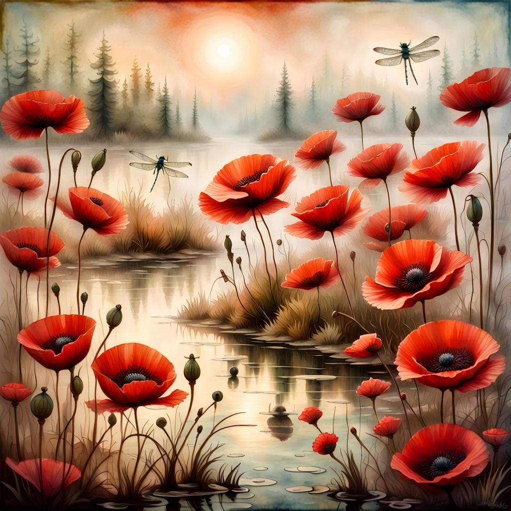 Encaustic Red Poppies on Foggy Pond