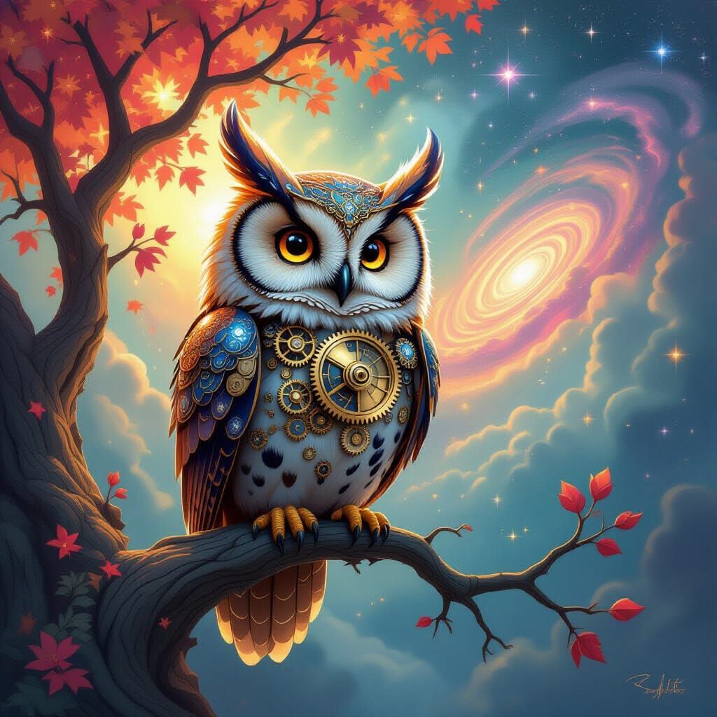 Clockwork Owl Perched on Cosmic Tree Branch