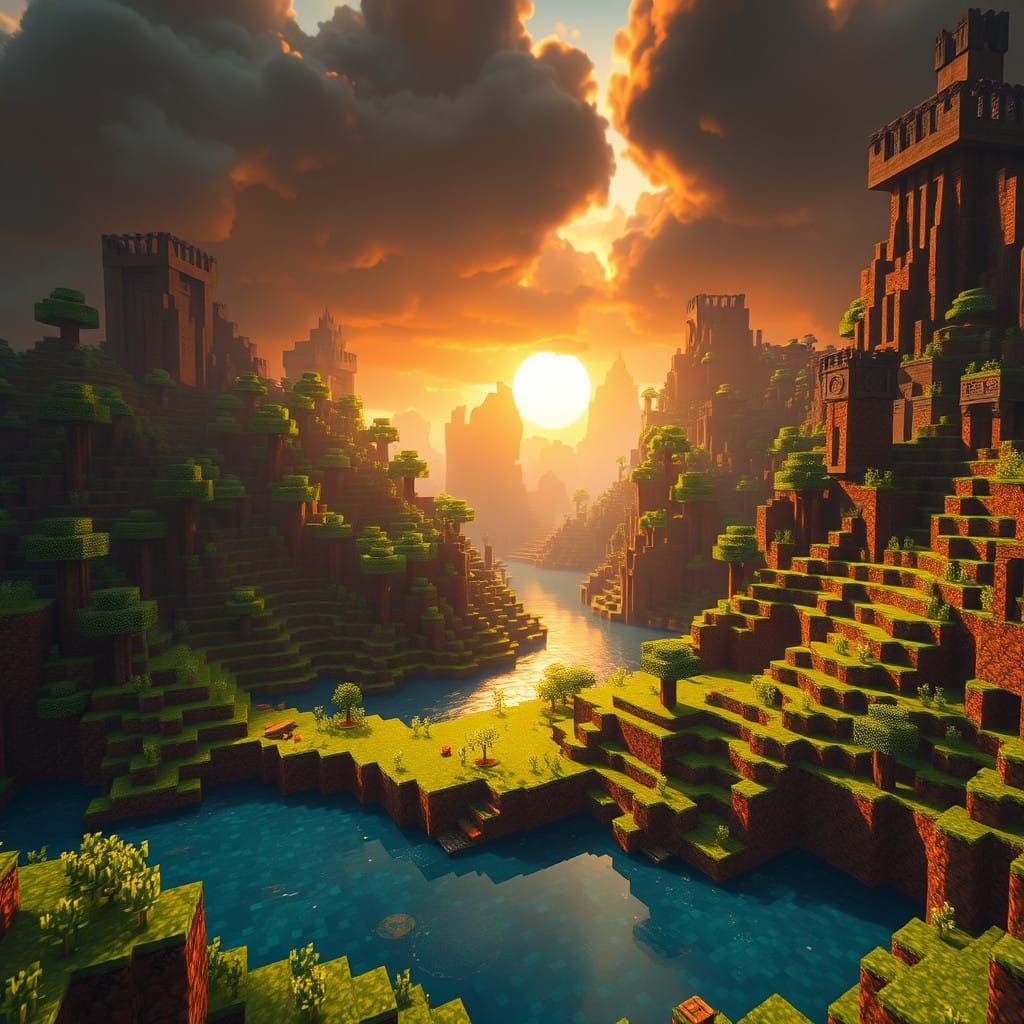 Epic Minecraft World in Vibrant, Golden Light