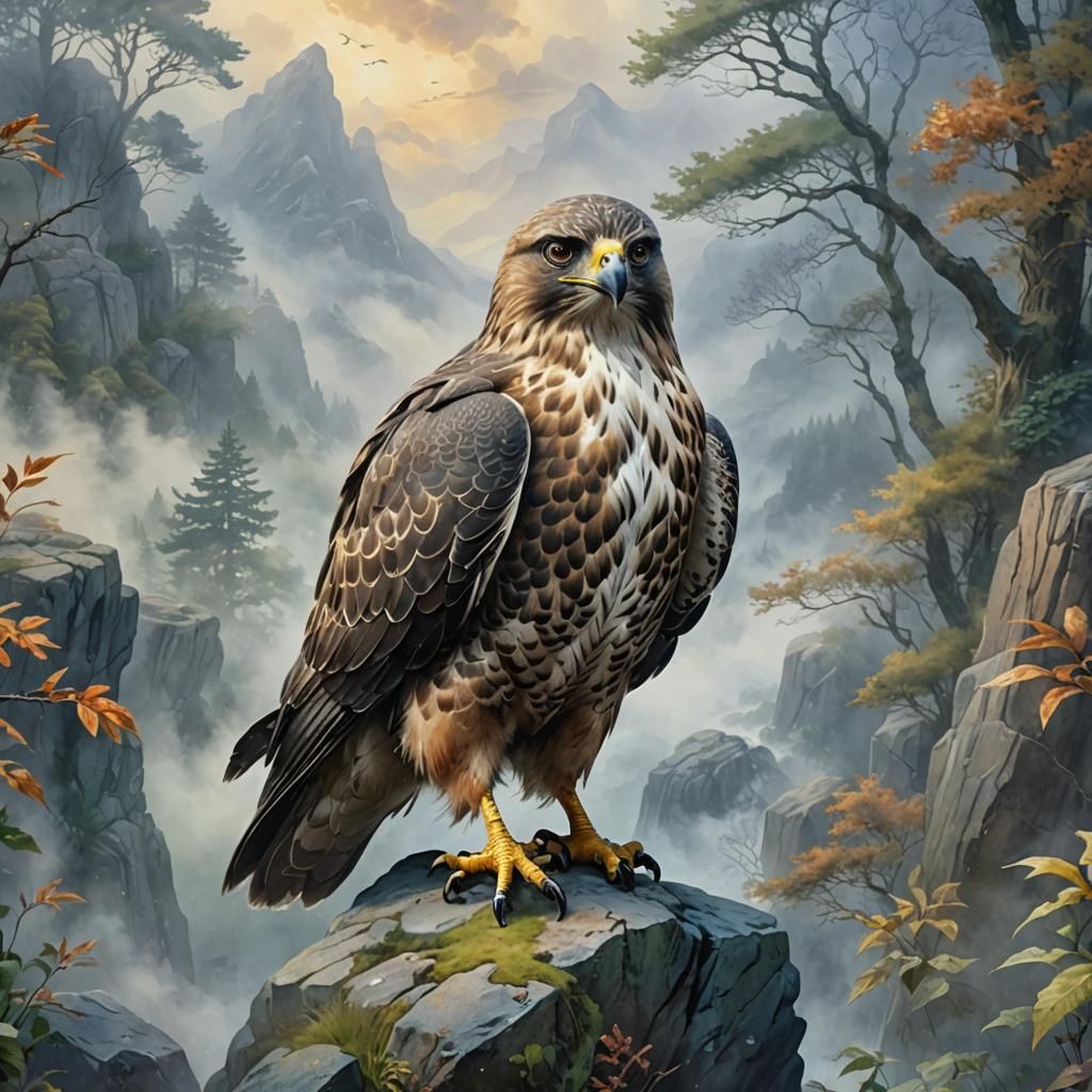 Misty Hawk Perched in Surreal Watercolor Landscape