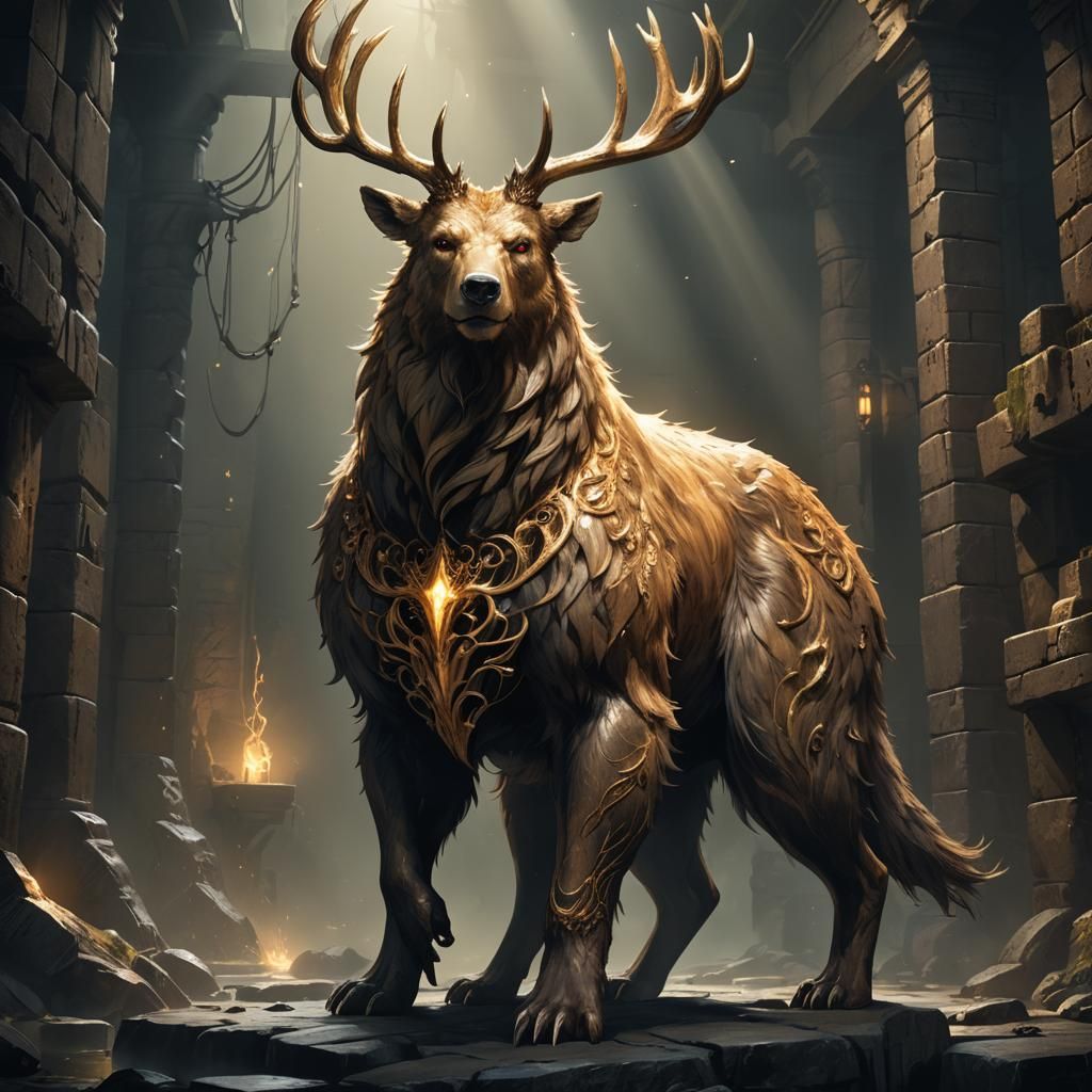 Majestic Bear-Deer Hybrid in Dark Dungeon