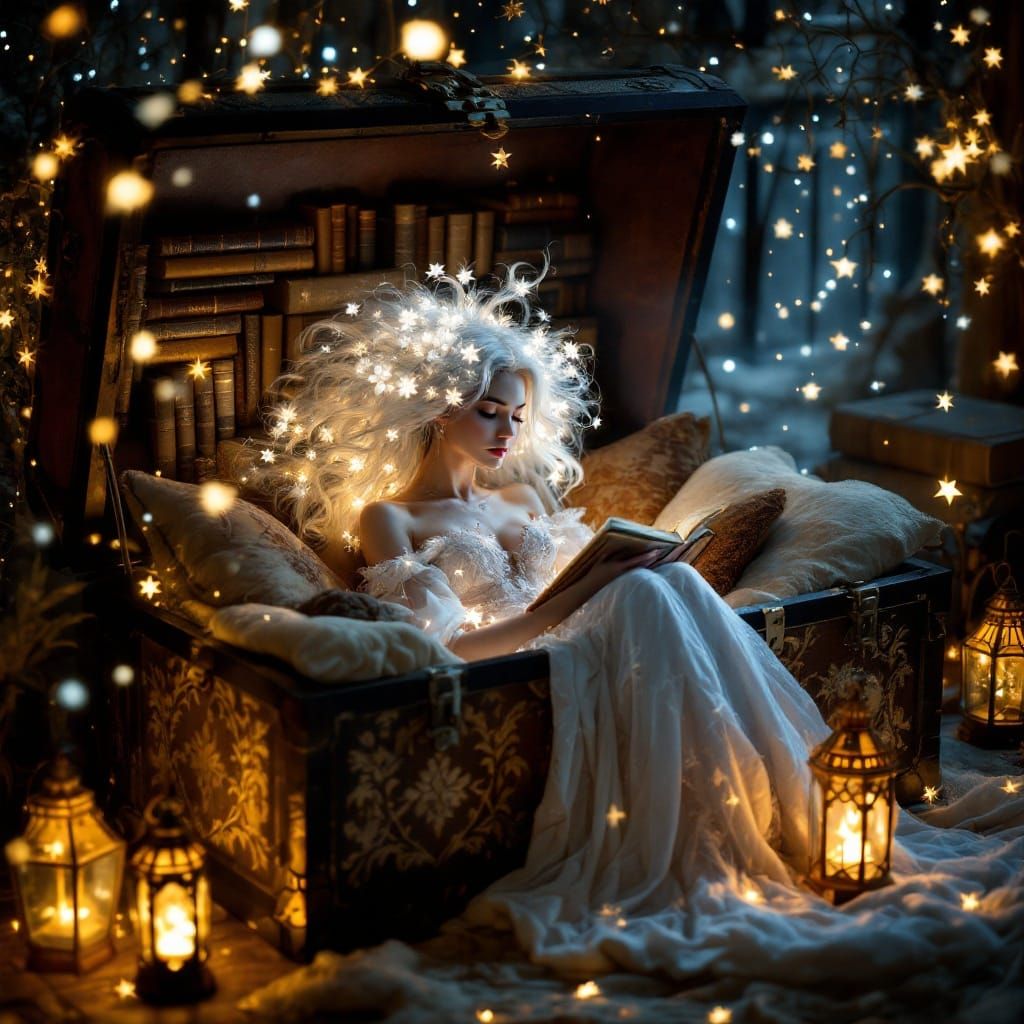 Woman Reading in Treasure Chest Nook Under Starry Sky
