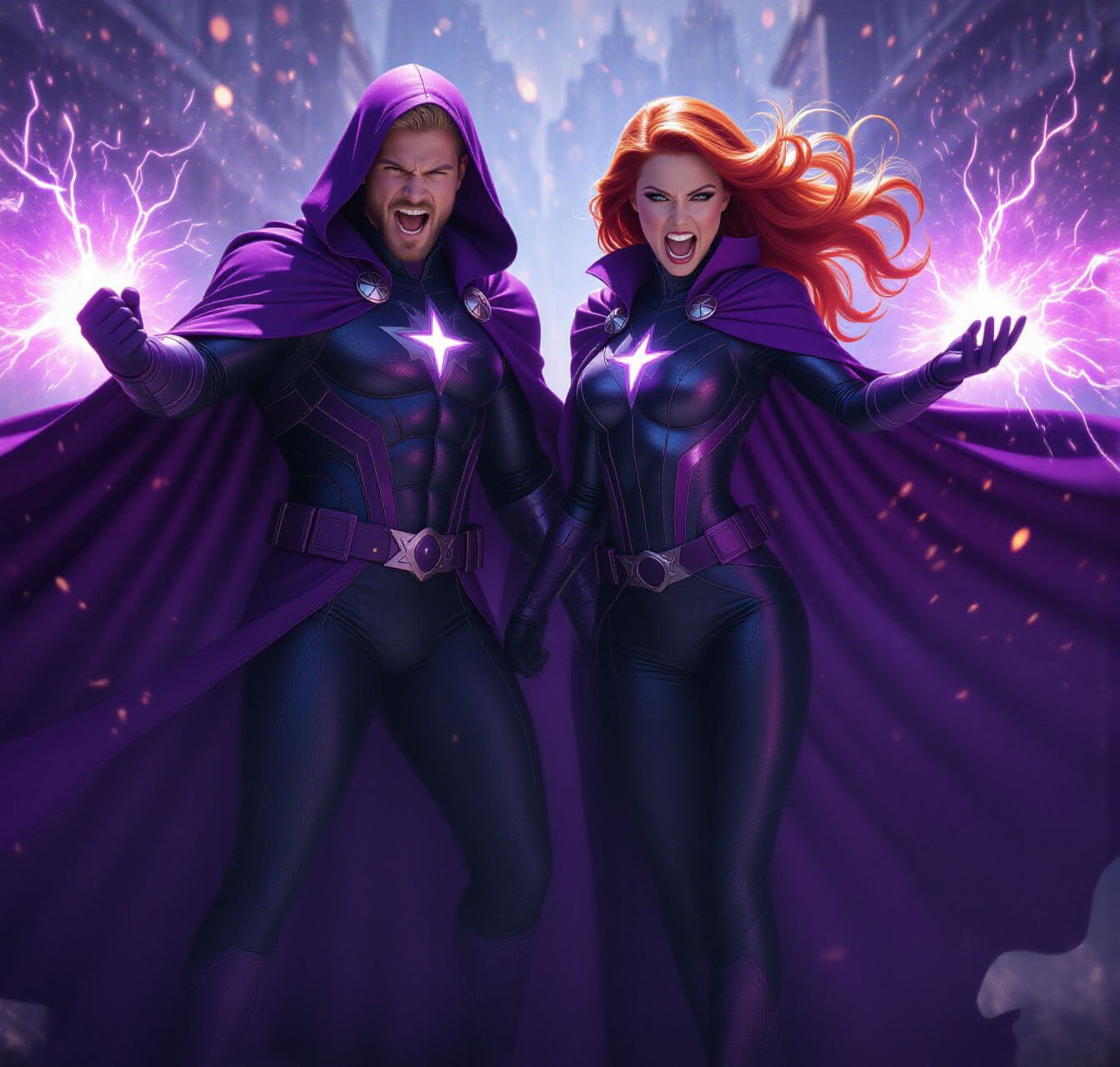 Celestial Couple in Nebula Costumes, Dark Purple Cloaks