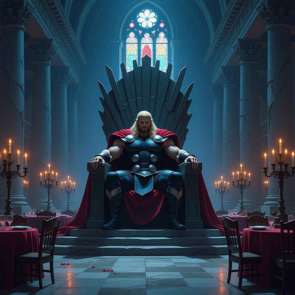 Thor on Stone Throne in Airbrush Fantasy Hall