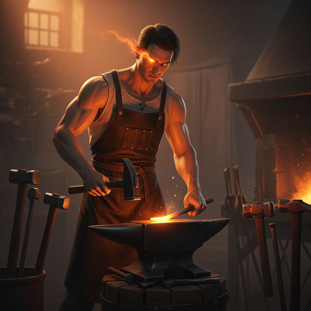 Blacksmith in Dimly Lit Forge with Glowing Eye