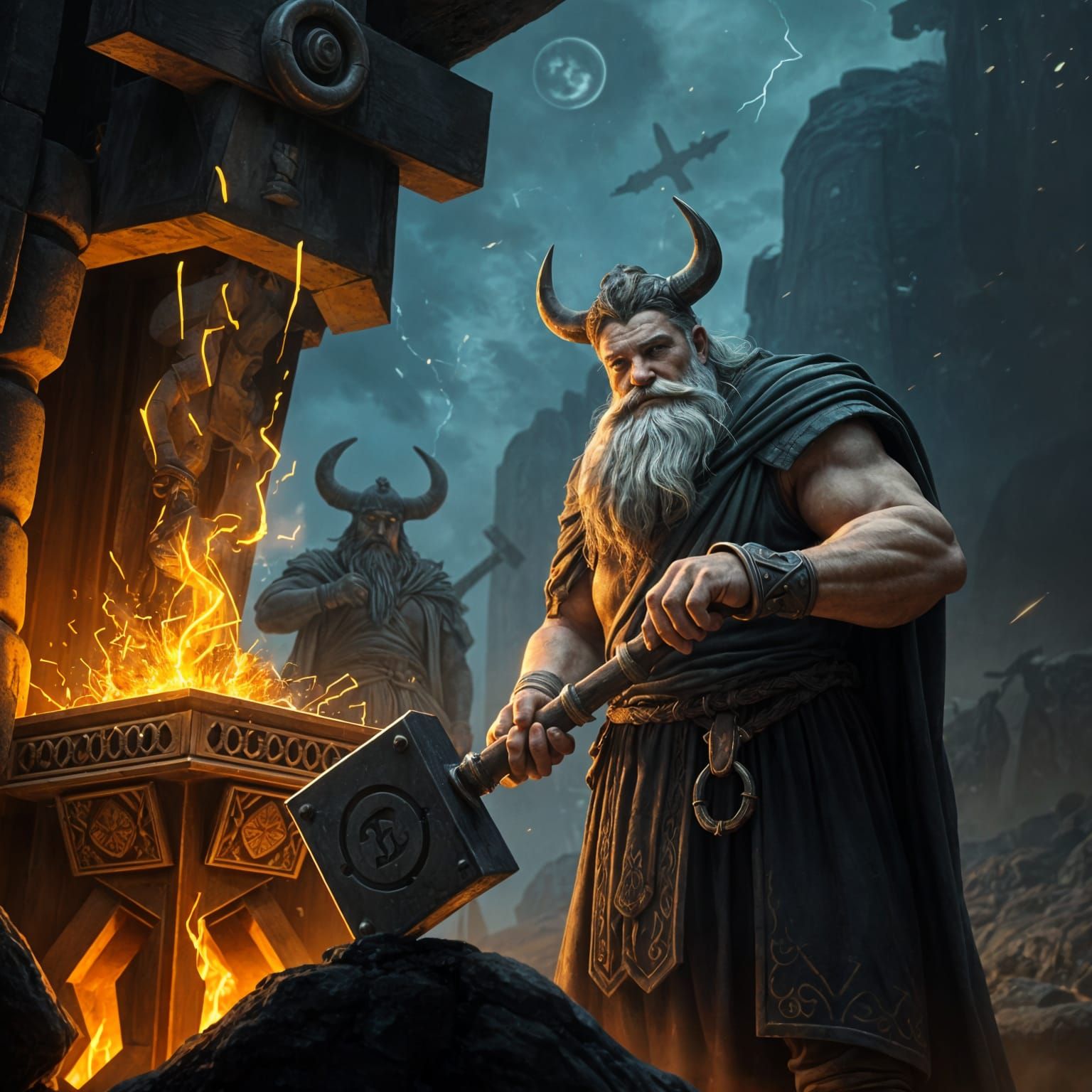 Epic Fantasy Portrait of Svarog, Blacksmith God, Standing Ne...