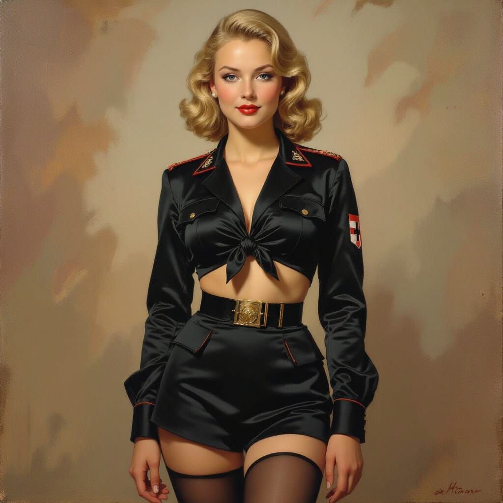 German Maiden Soldier in 1940 Oil Painting