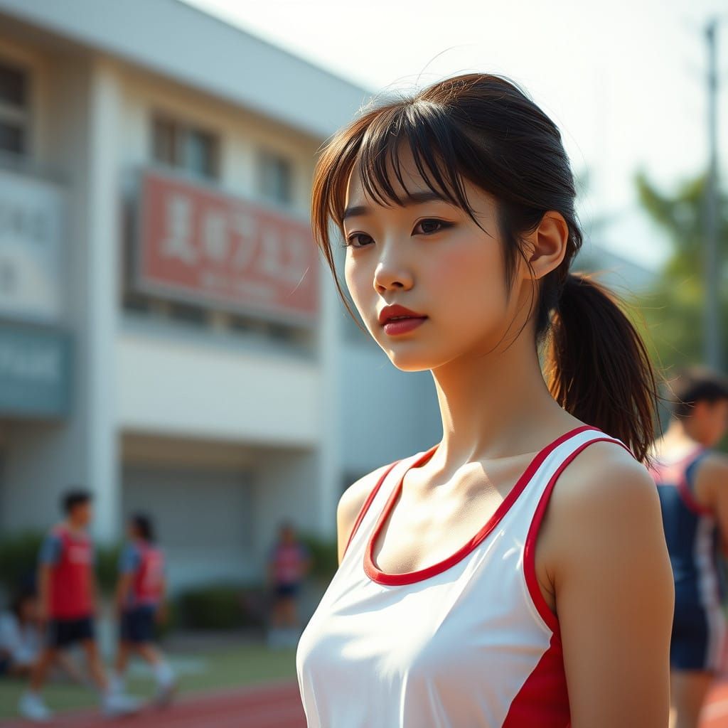 Japanese Athlete in Intense Practice, Closeup, Summer