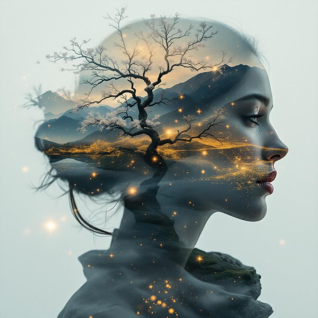 Surreal Double Exposure Portrait with Mountain Landscape