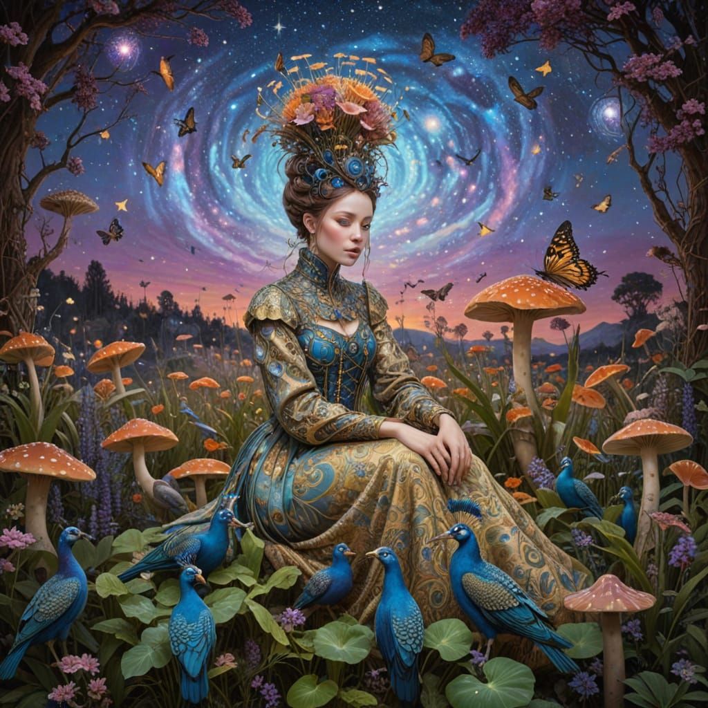 Ethereal Woman Transforms into Birds Amidst Cosmic Garden