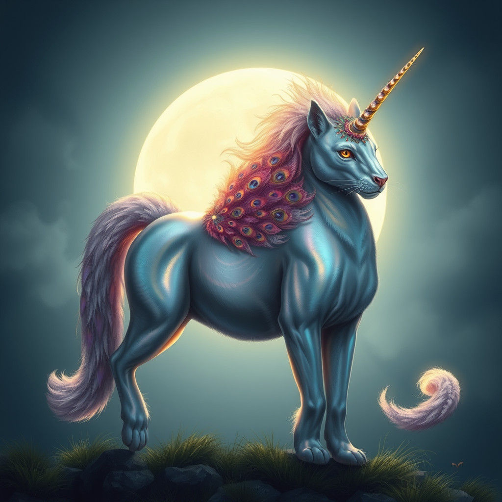 Envision a hybrid between a panther, peacock and a unicorn...