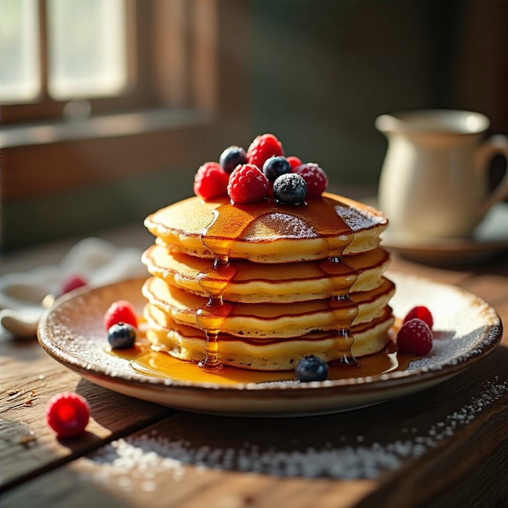 Golden pancakes, syrup and some fresh berries.