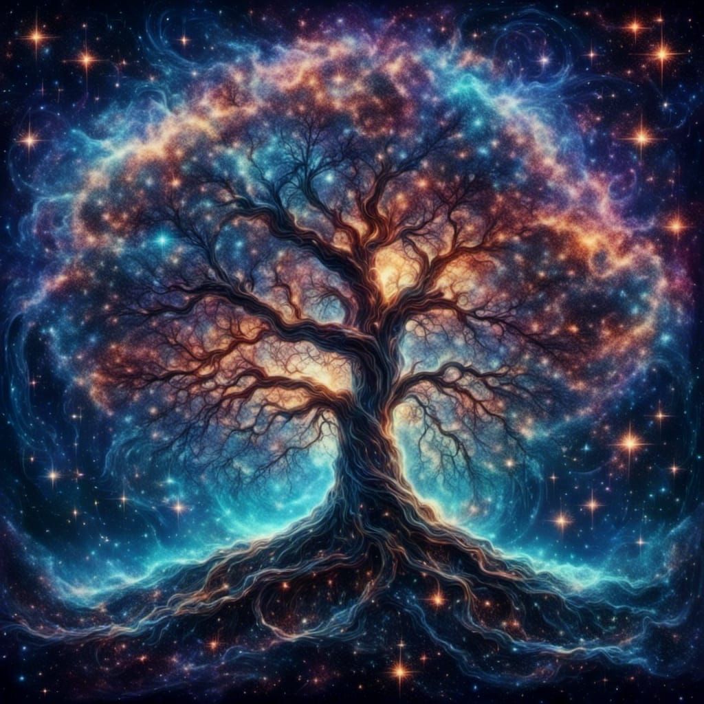 Tree of Life with Cracked Glass and Nebula