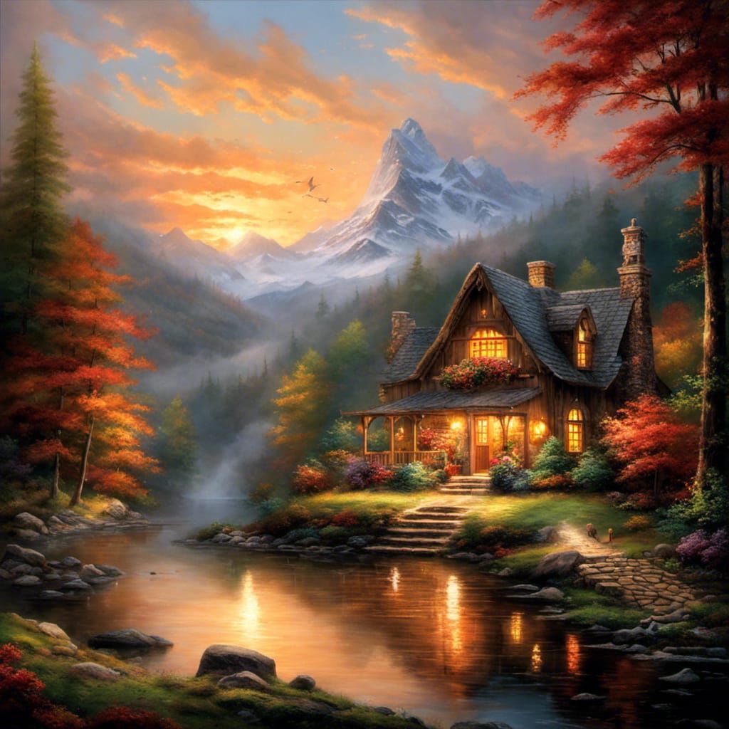 Cozy Steampunk Cabin in Forest at Night