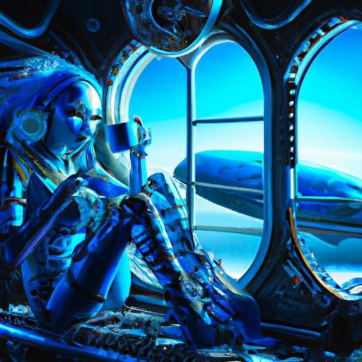 Steampunk Alien Enjoying Tea on Spaceship