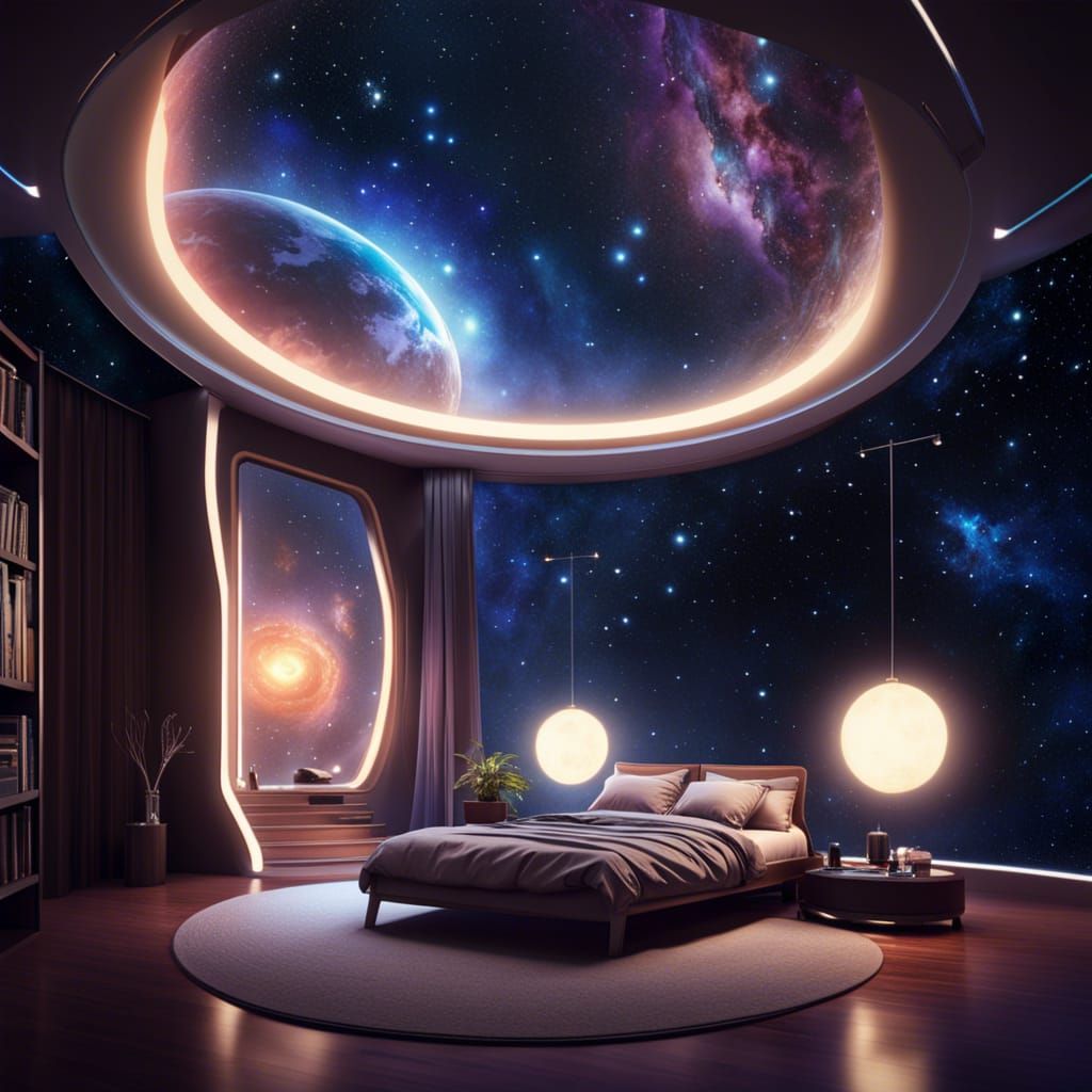 Cosmic Celestial Bedroom in Space, 8k Fantasy Art