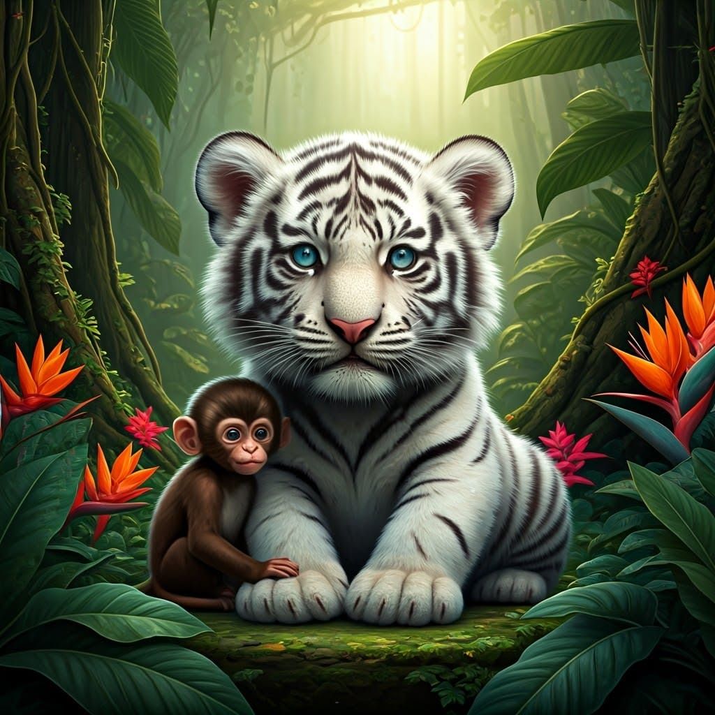 White Tiger Cub and Monkey in Jungle Dreamscape