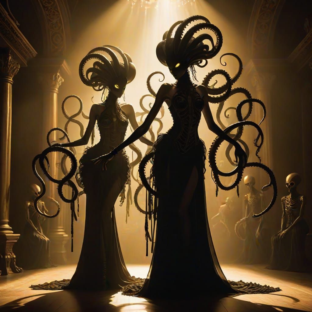 Surreal Alien Burlesque Dancers in Dramatic Lighting