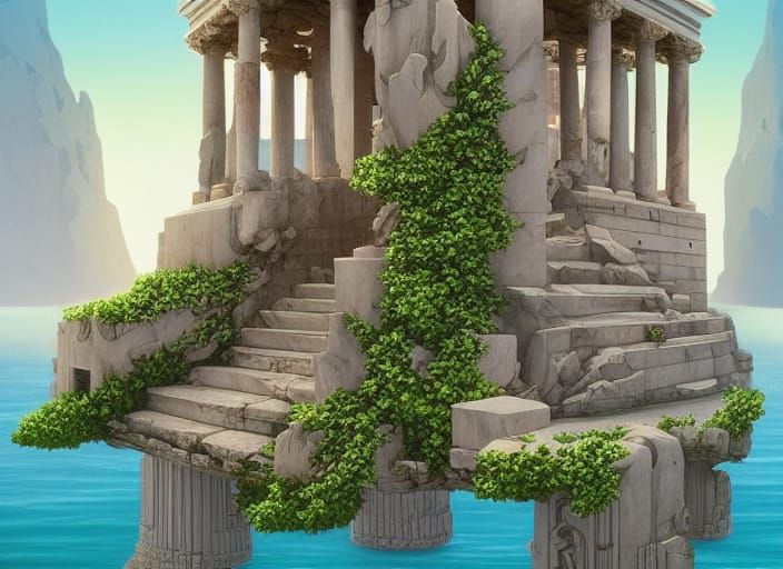 Zeus Statue and Temple on Island, Hyperrealistic Rendering