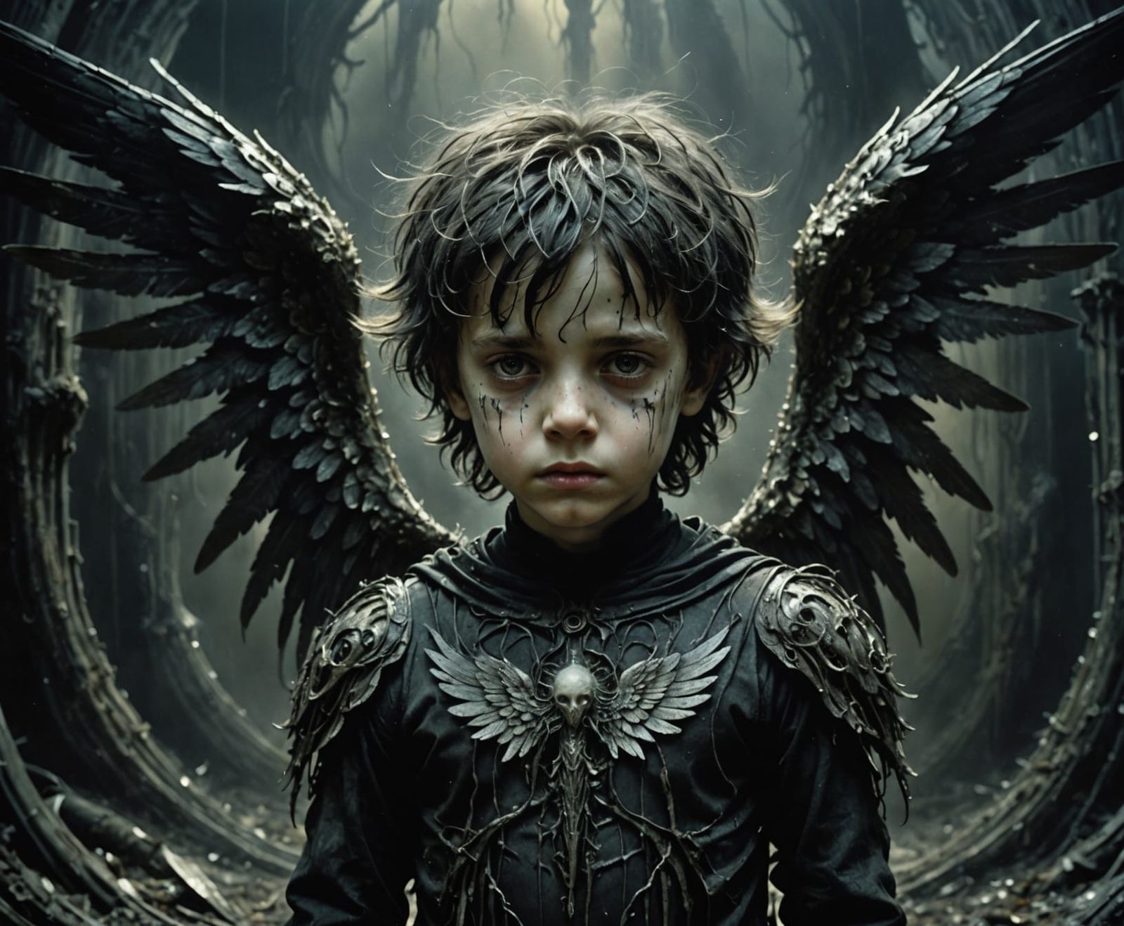 Fallen Angel Child in Cosmic Void, Surreal Dystopian Art