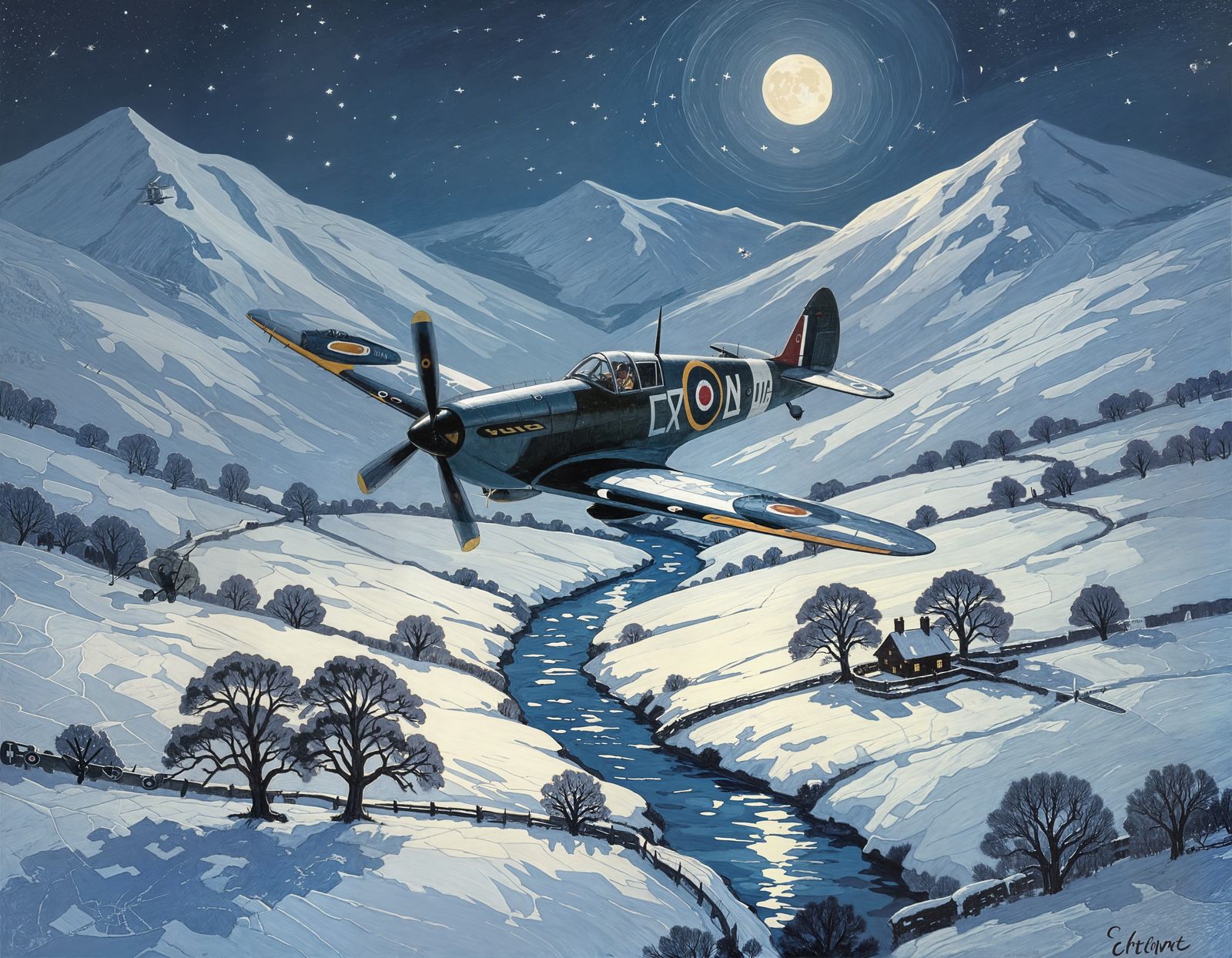 Spitfire Over Snowdonia in Winter Moonlight