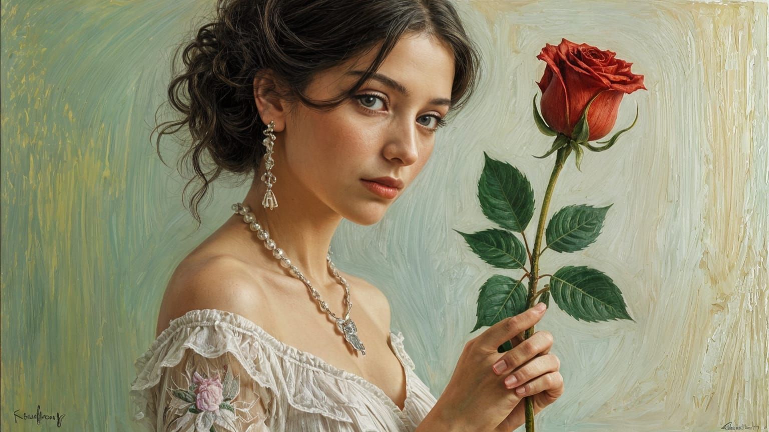 Elegant Woman with Rose: Oil Painting in Expressive Style