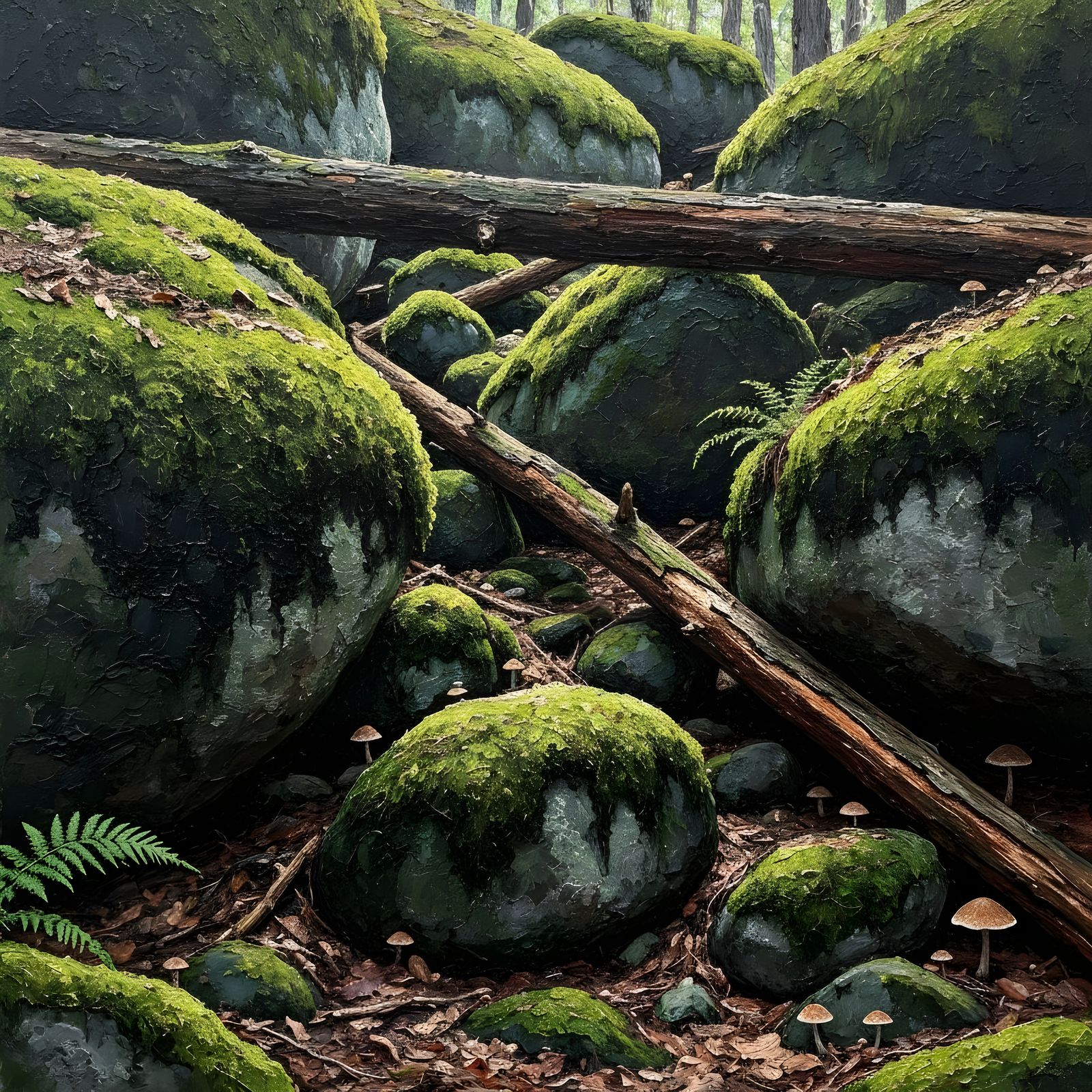 Textural Impasto Painting of Mossy Boulder Field