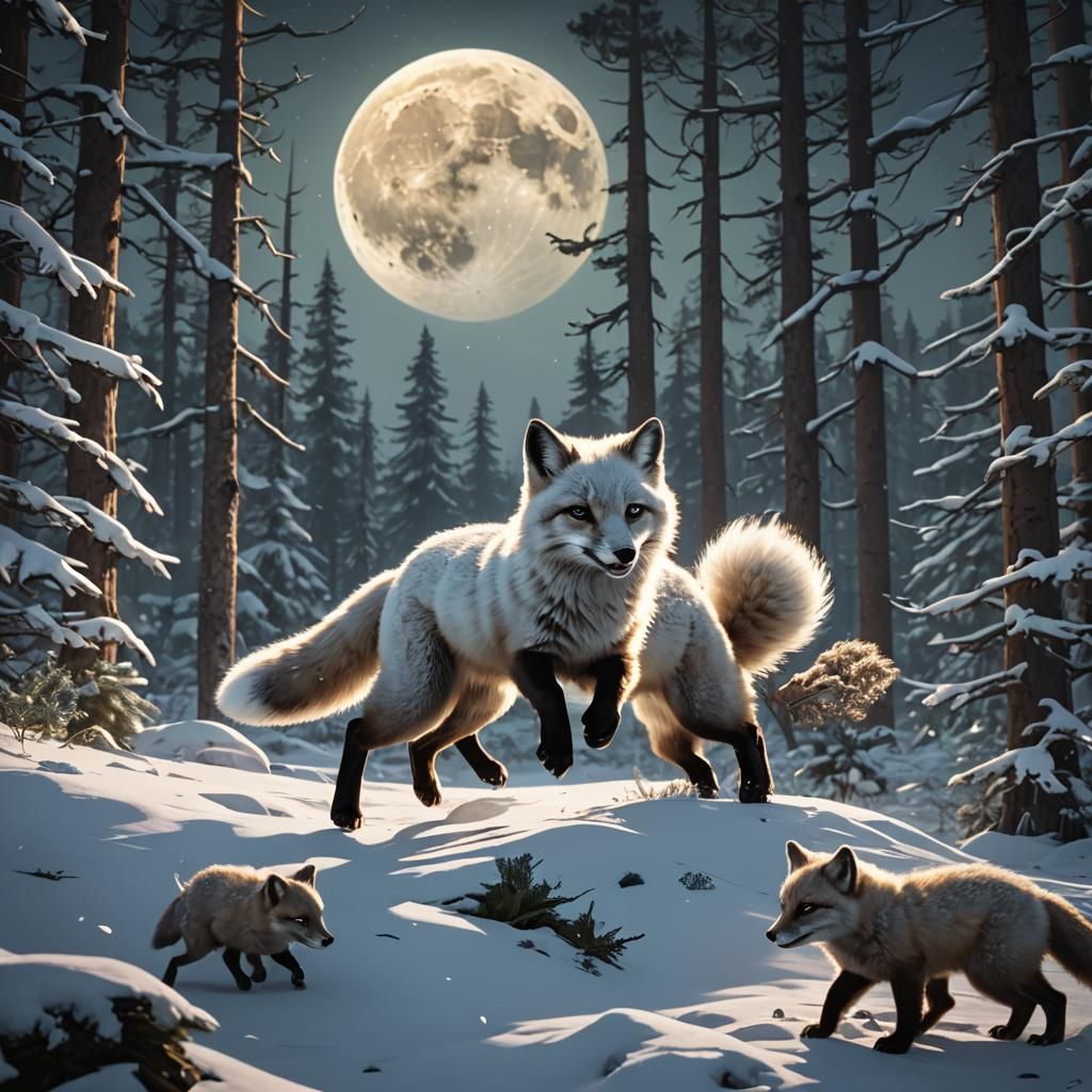 Arctic Fox Hunt in Winter Forest, Dark Fantasy Art