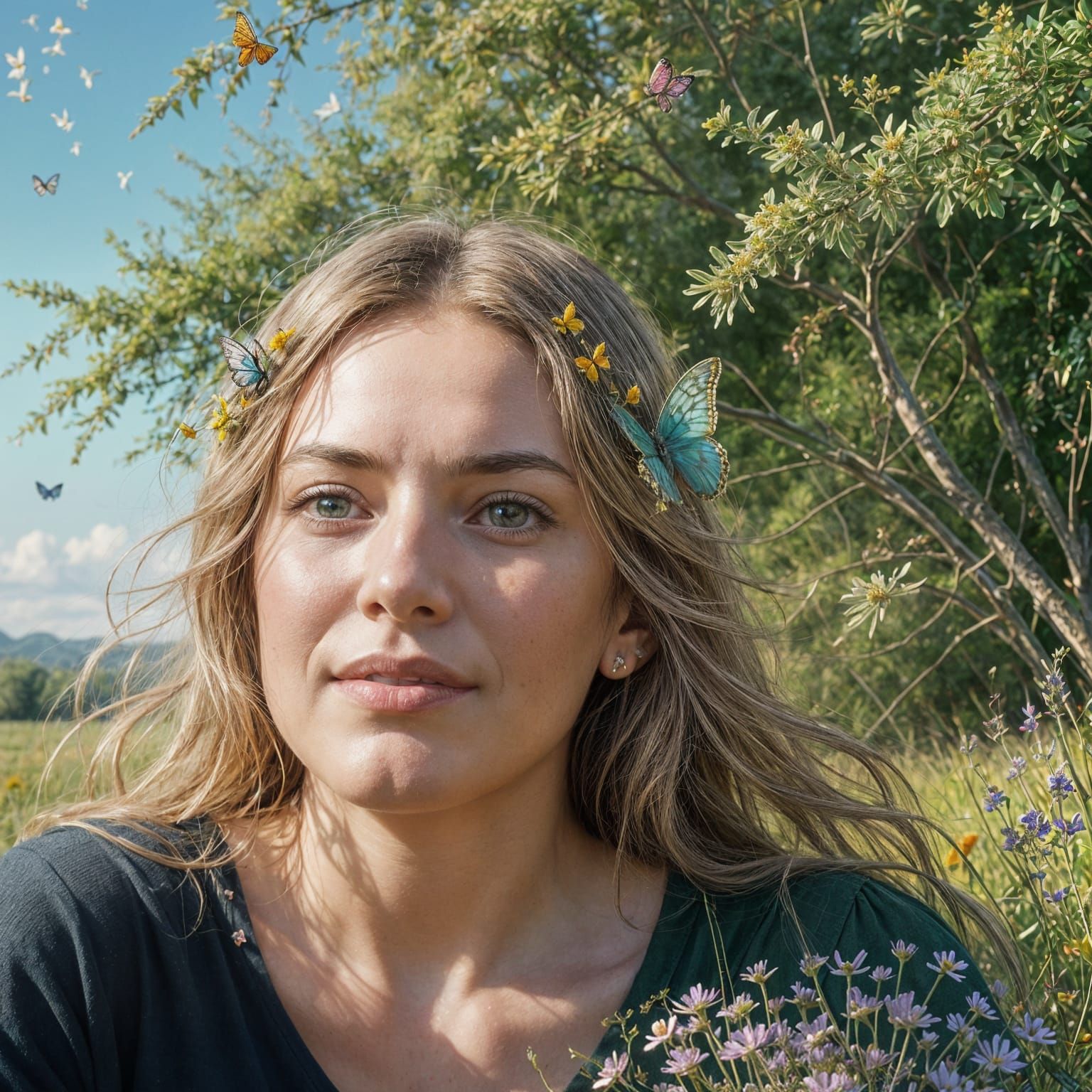 Woman with Butterfly Wings in Sunlit Meadow