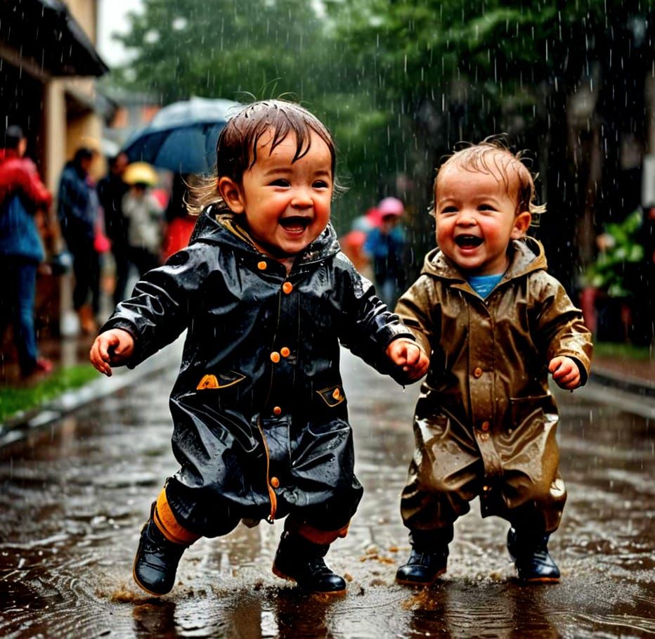 Hyperrealistic Babies Playing in the Rain